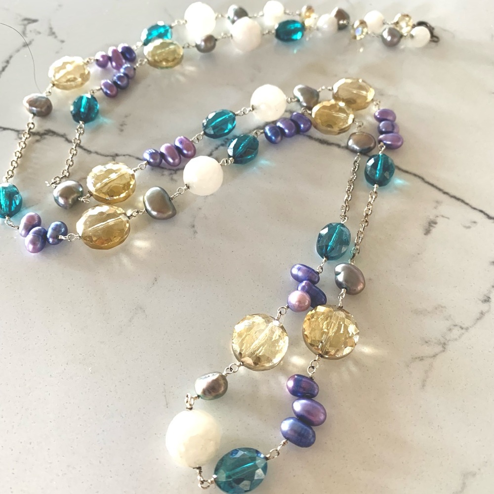 Sterling Silver Multi Gemstone Pearl Milky Quartz Long Beaded Necklace